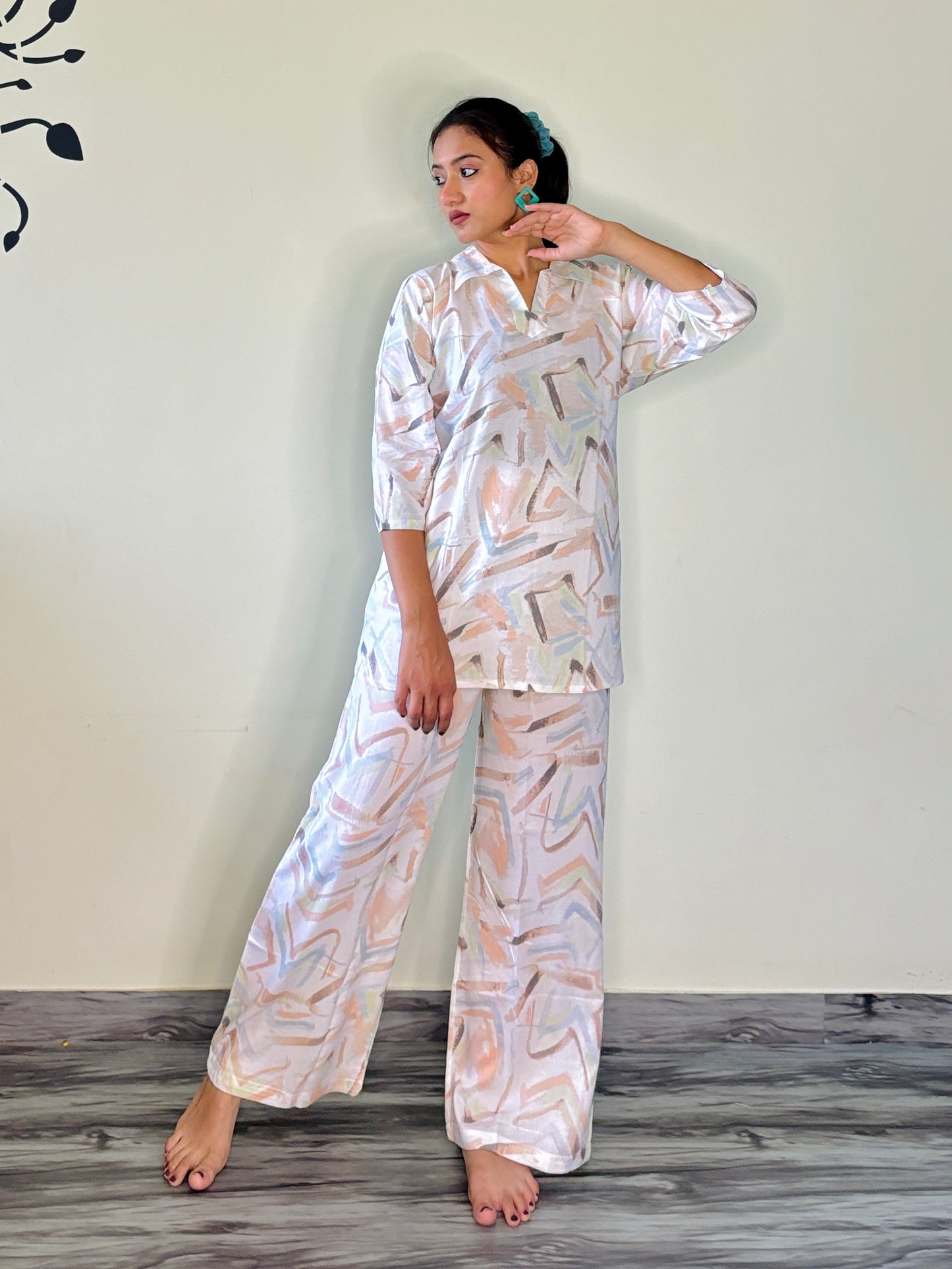 PEARL WHITE ORANGE DREAMSTROKE RAYON CO-ORD SET