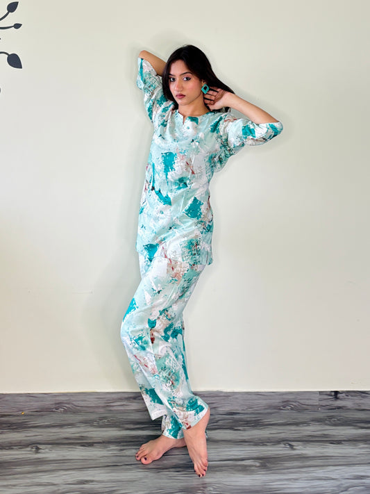 MINT WHITE BRUSHSTROKE RAYON CO-ORD SET