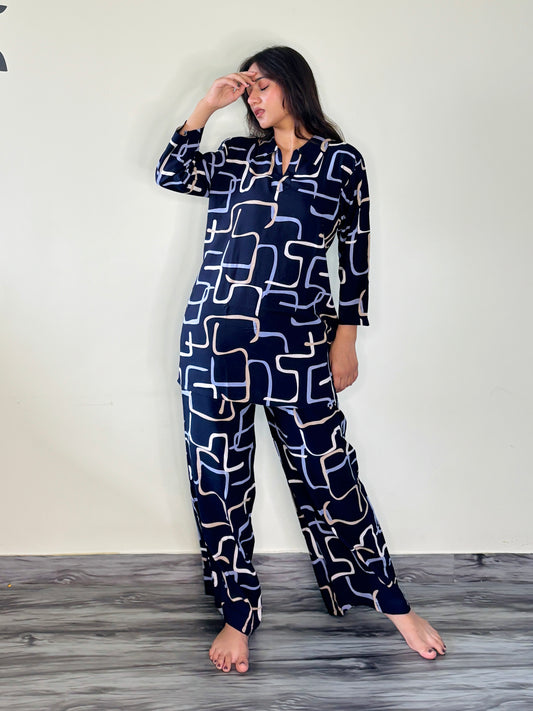 DEEP NAVY CITY LINES RAYON CO-ORD SET