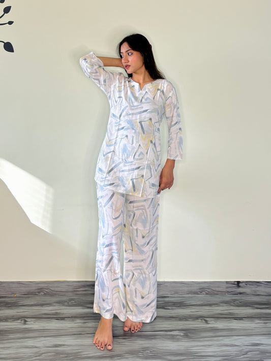 PEARL WHITE BLUE DREAMSTROKE RAYON CO-ORD SET