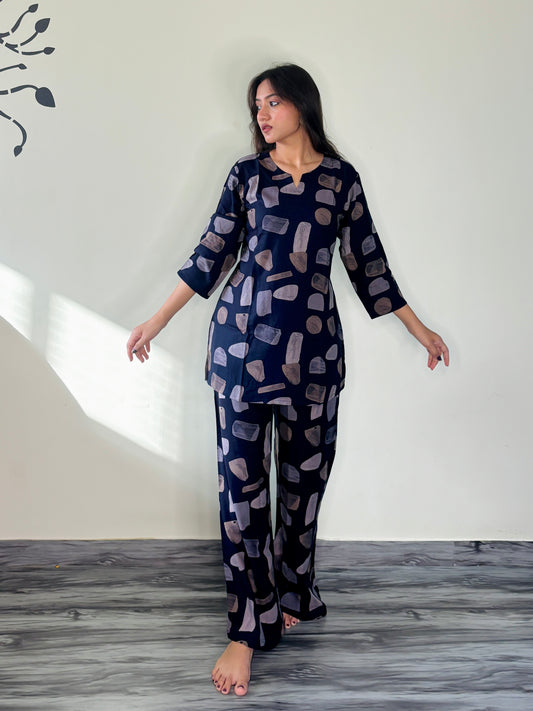 INK BLUE GOLDEN STANDSTONE RAYON CO-ORD SET