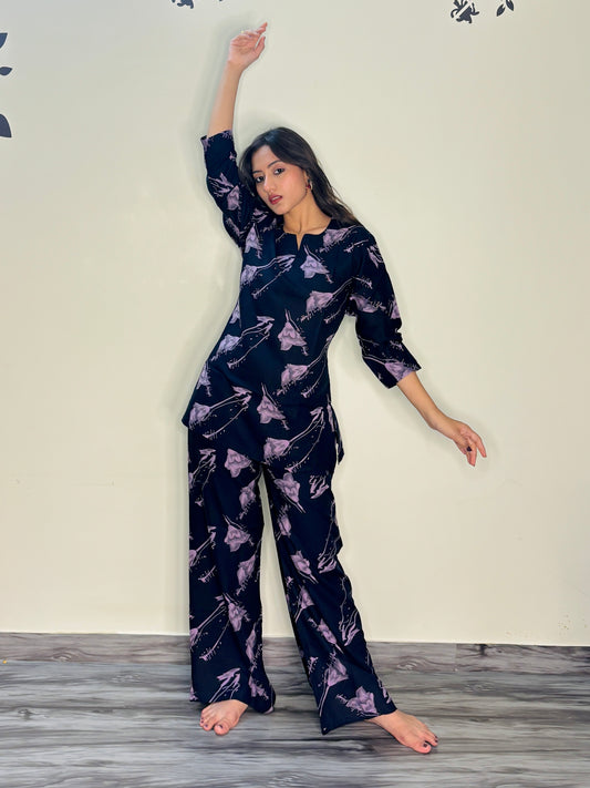 ROYAL BLUE PEONY RAYON CO-ORD SET