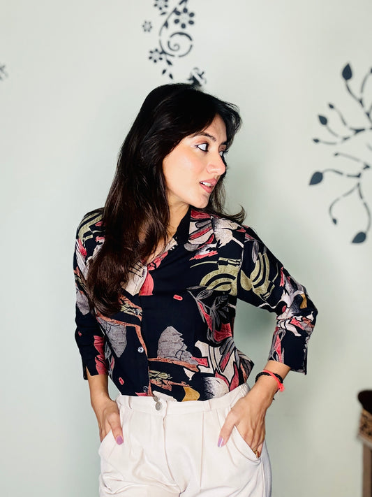 MIDNIGHT TROPICAL LEAF RAYON SHIRT (Only Shirt)