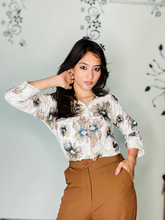 IVORY HAND DRAWN FLORAL RAYON SHIRT (Only Shirt)
