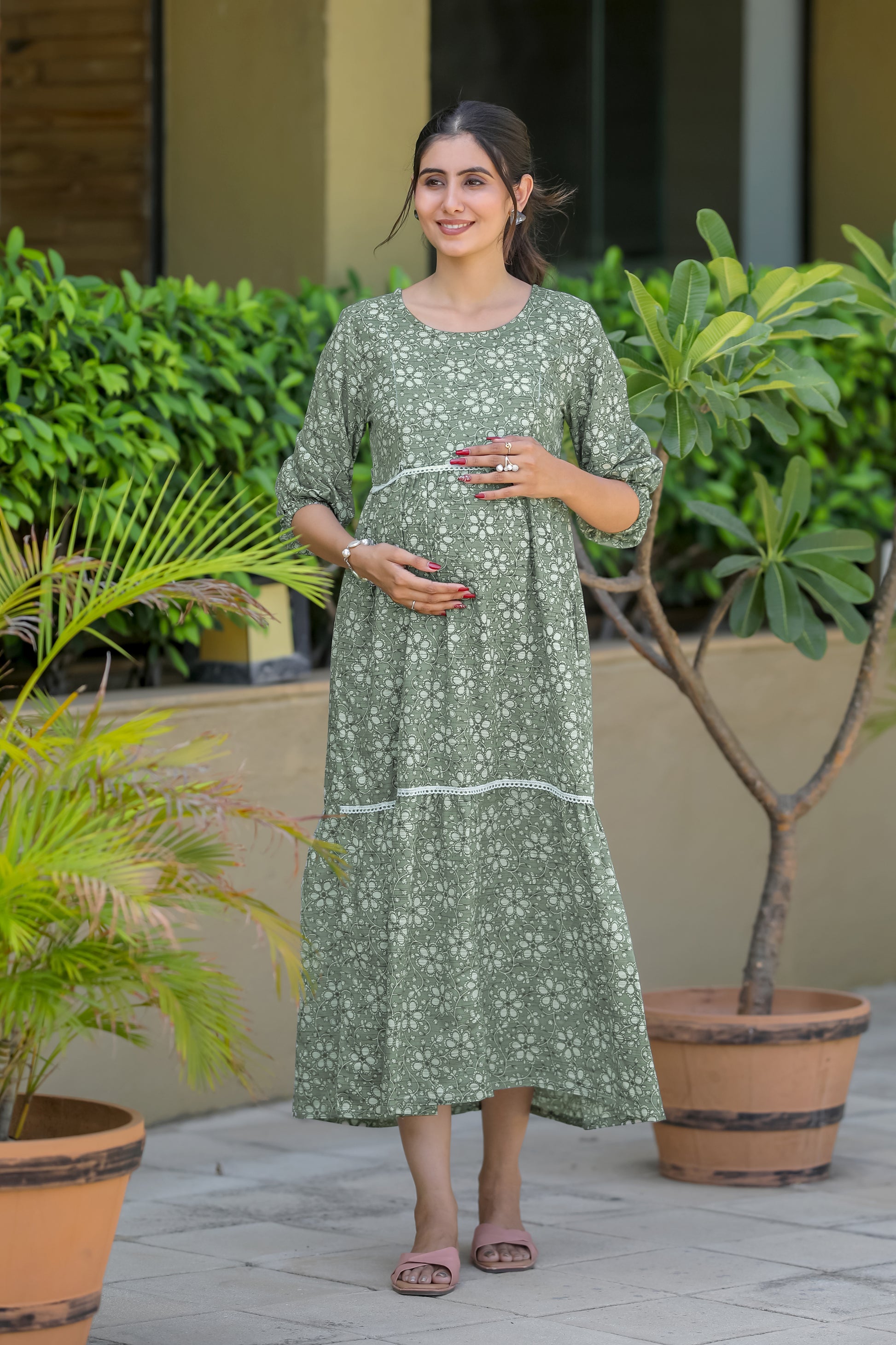 OLIVE GREEN WHITE FLOWERS MATERNITY DRESS Sweet Moon OLIVE GREEN WHITE FLOWERS MATERNITY DRESS Sweet Moon