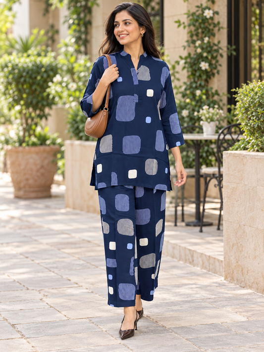 NAVY SRIPED BLOCKS RAYON CO-ORD SET